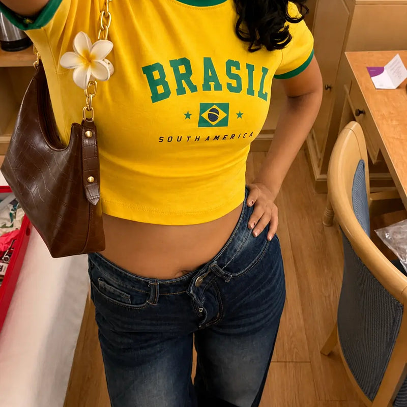 Brasil Yellow Baby Tee for Women | Vintage Y2K Graphic Crop Top | Acid House
