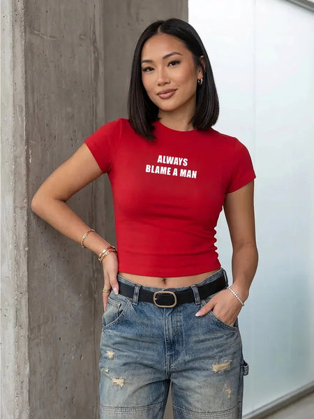 Always Blame A Man Baby Tee – Red Fitted Crop Top for Women | physical by Acid House™ (formerly Zyra Drip)