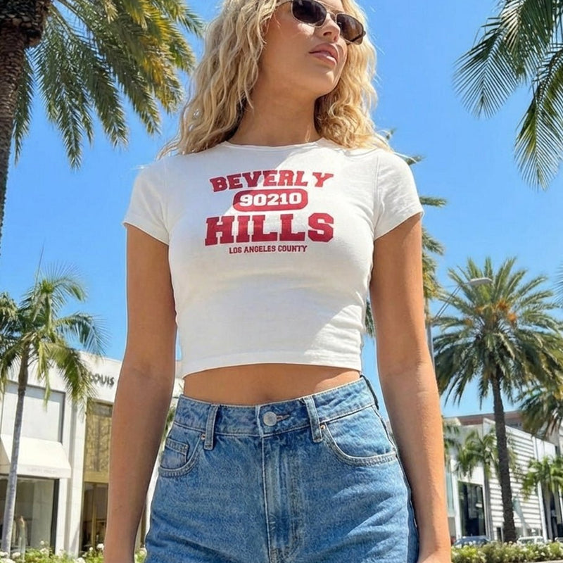 Beverly Hills 90210 Women’s Baby Tee – Slim Fit White Graphic Crop Top | physical by Acid House™ (formerly Zyra Drip)