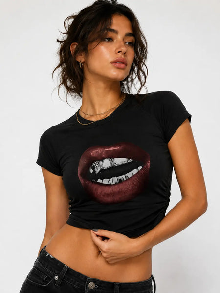 Bite Me Graphic Baby Tee for Women – Y2K Black Fitted Crop Top