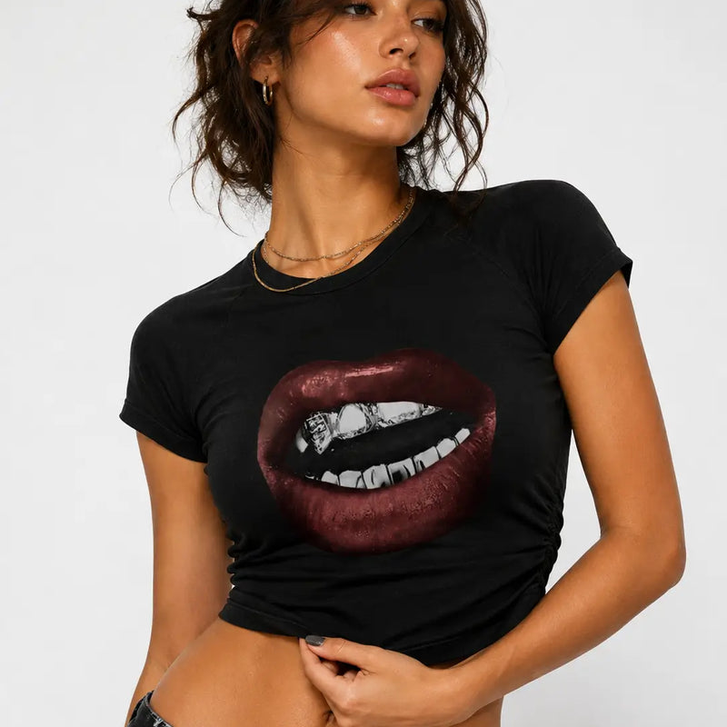 Bite Me Graphic Baby Tee for Women – Y2K Black Fitted Crop Top