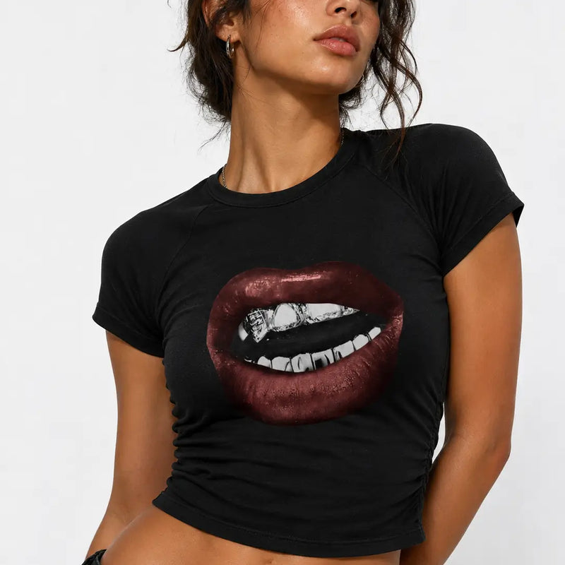 Bite Me Graphic Baby Tee for Women – Y2K Black Fitted Crop Top