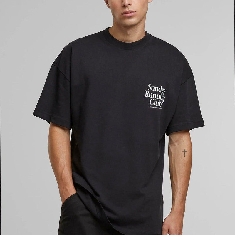 Black Oversized Graphic Tee for Men & Women – Sunday Running Club T-Shirt | physical by Acid House™ (formerly Zyra Drip)