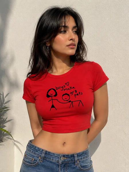 Boys Make Great Pets Red Graphic Crop Top for Women | Y2K Aesthetic Tee