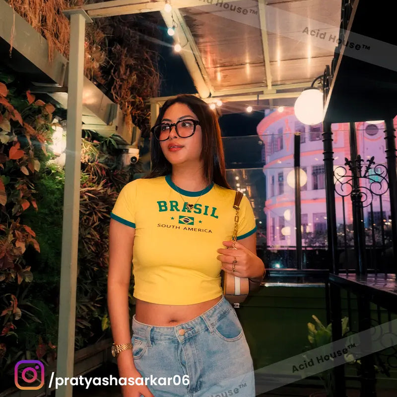 Brasil Yellow Baby Tee for Women | Vintage Y2K Graphic Crop Top | Acid House