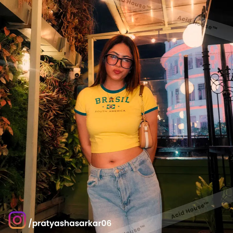 Brasil Yellow Baby Tee for Women | Vintage Y2K Graphic Crop Top | Acid House