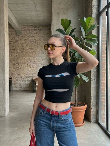 Cartoon Eyes Black Baby Tee – Stretch Fit Graphic Crop Top for Women | physical by Acid House™ (formerly Zyra Drip)