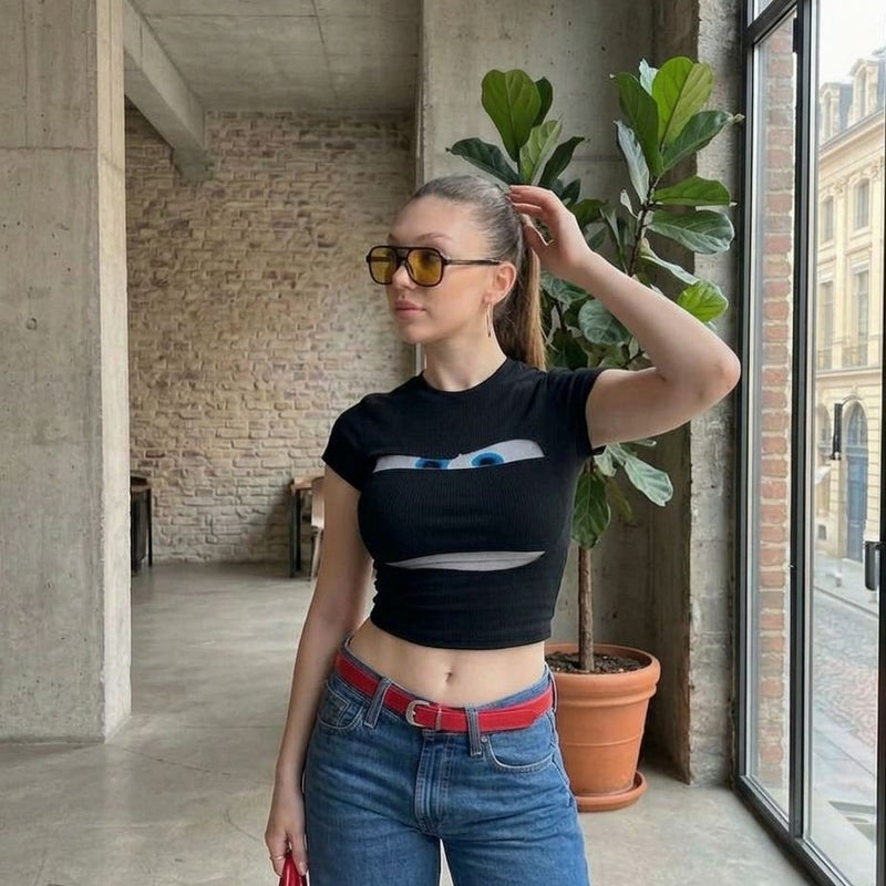 Cartoon Eyes Black Baby Tee – Stretch Fit Graphic Crop Top for Women | physical by Acid House™ (formerly Zyra Drip)