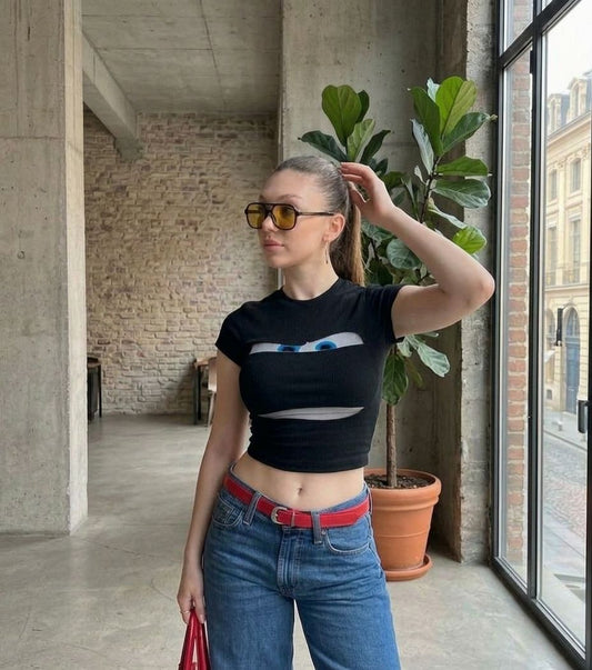Cartoon Eyes Black Baby Tee – Stretch Fit Graphic Crop Top for Women | physical by Acid House™ (formerly Zyra Drip)