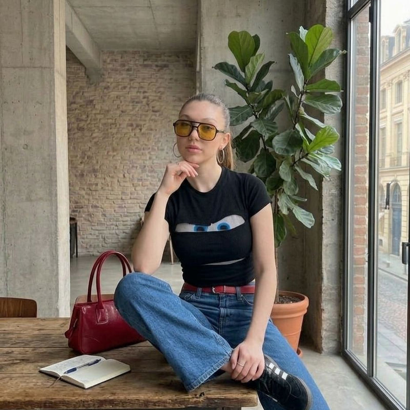 Cartoon Eyes Black Baby Tee – Stretch Fit Graphic Crop Top for Women | physical by Acid House™ (formerly Zyra Drip)