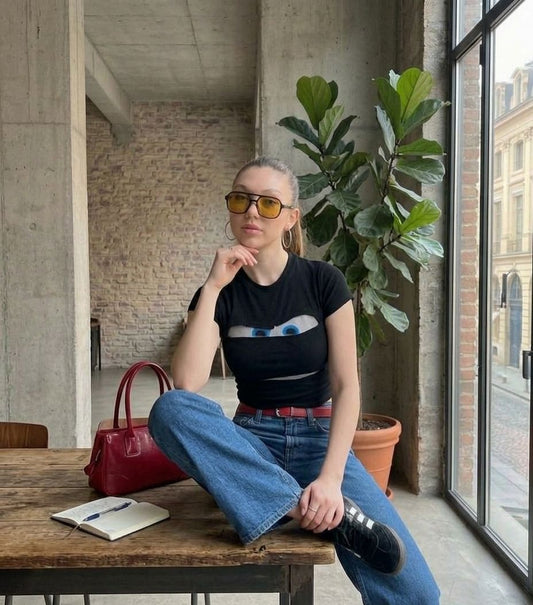 Cartoon Eyes Black Baby Tee – Stretch Fit Graphic Crop Top for Women | physical by Acid House™ (formerly Zyra Drip)