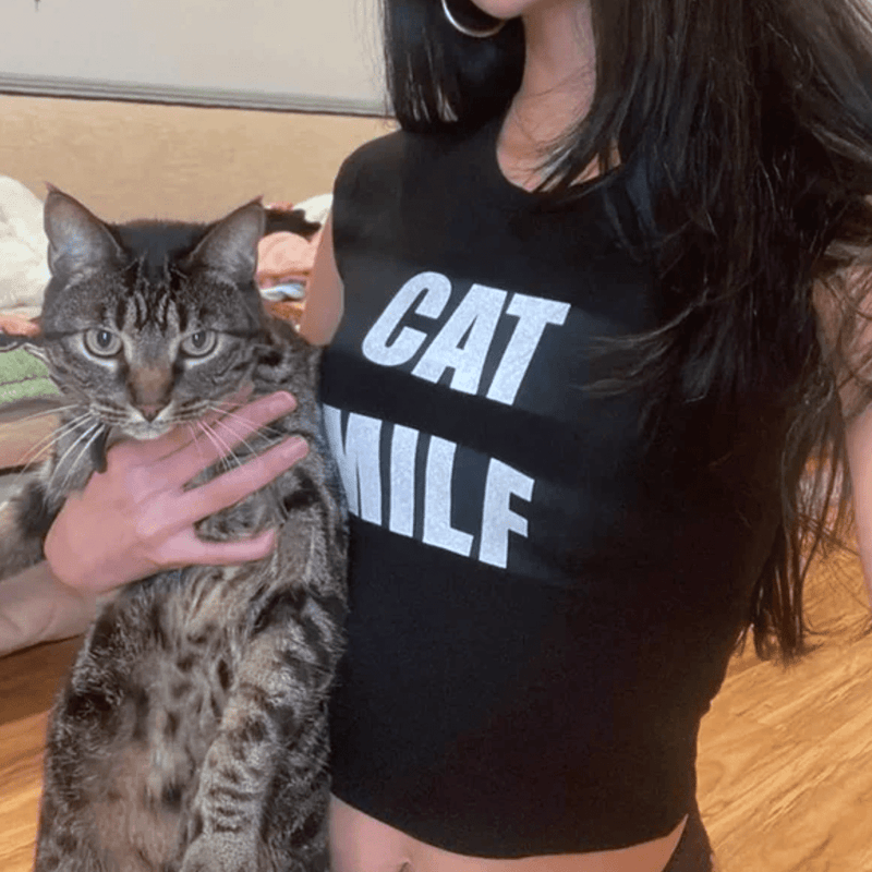 Cat MILF Printed Baby Tee for Women | Y2K Graphic Crop Top | Slim Fit Cotton T-Shirt | physical by Acid House™ (formerly Zyra Drip)