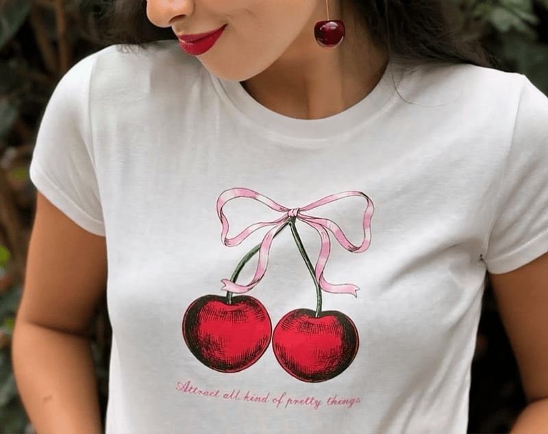 Cherry Baby Tee Crop Top – White Y2K Aesthetic Cute Bow Detail | physical by Acid House™ (formerly Zyra Drip)