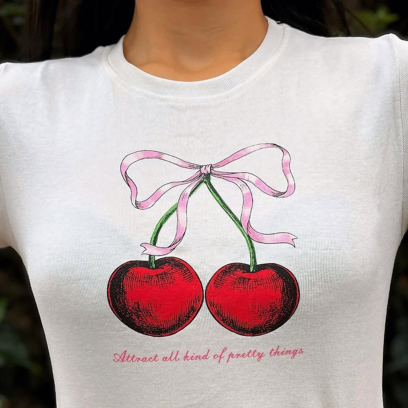 Cherry Baby Tee Crop Top – White Y2K Aesthetic Cute Bow Detail | physical by Acid House™ (formerly Zyra Drip)
