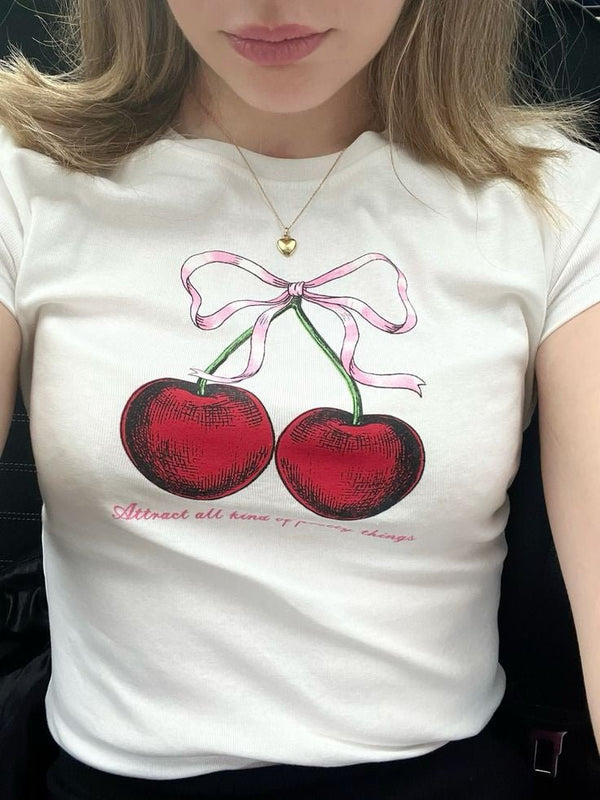 Cherry Baby Tee Crop Top – White Y2K Aesthetic Cute Bow Detail | physical by Acid House™ (formerly Zyra Drip)