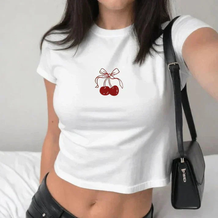 Cherry Baby Tee – White Aesthetic Crop Top | physical by Acid House™ (formerly Zyra Drip)