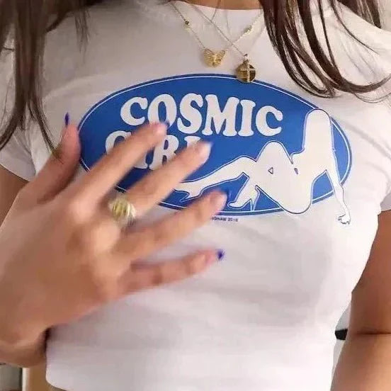 Cosmic Girl Aesthetic Baby Tee – White Crop Top | physical by Acid House™ (formerly Zyra Drip)