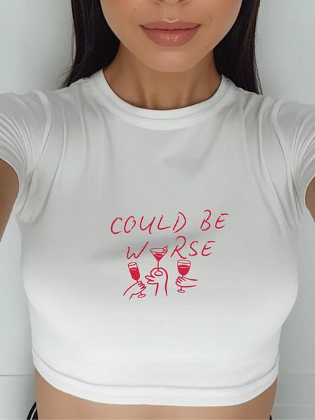 Could Be Worse” Women’s Baby Tee – Minimal Graphic Crop T-Shirt | physical by Acid House™ (formerly Zyra Drip)