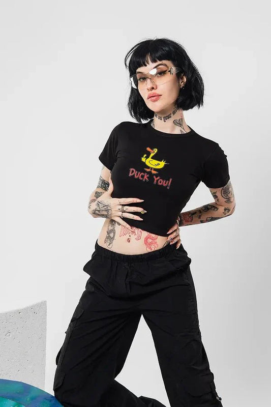 Duck You Graphic Baby Tee | Black Crop Top for Gen Z | physical by Acid House™ (formerly Zyra Drip)