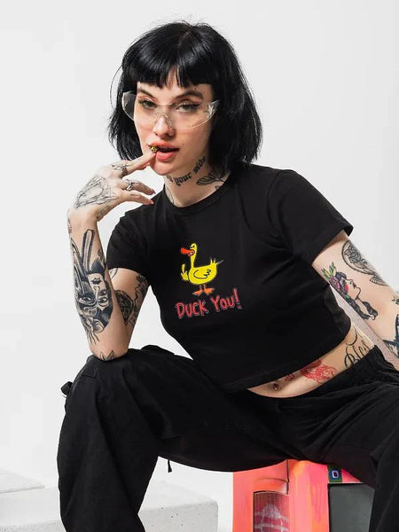Duck You Graphic Baby Tee | Black Crop Top for Gen Z | physical by Acid House™ (formerly Zyra Drip)