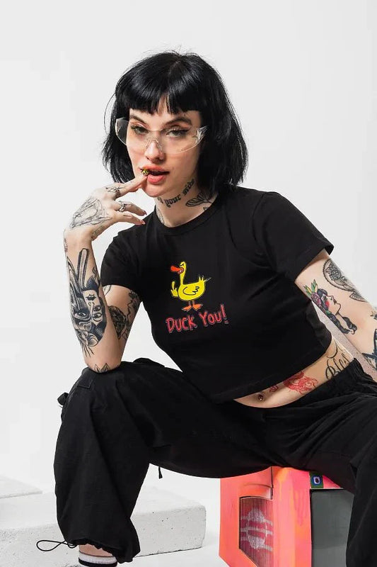 Duck You Graphic Baby Tee | Black Crop Top for Gen Z | physical by Acid House™ (formerly Zyra Drip)