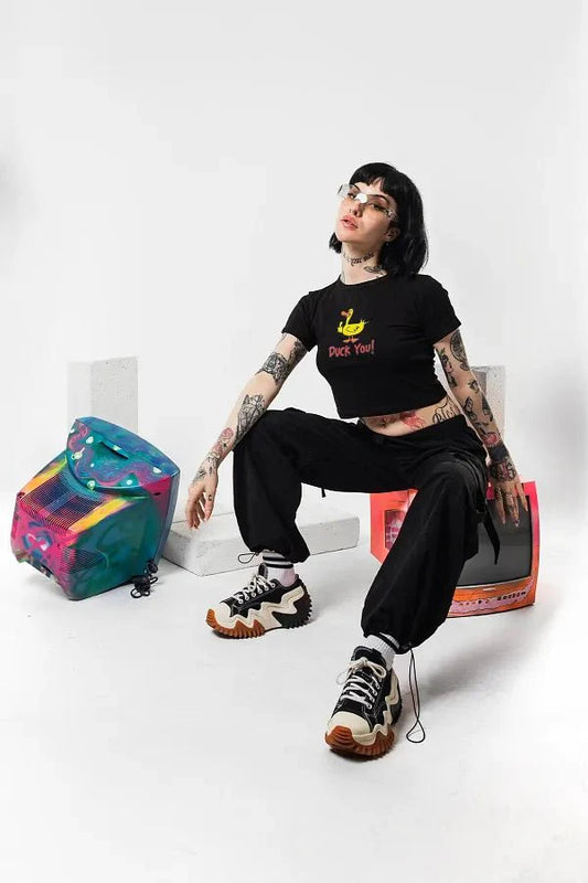Duck You Graphic Baby Tee | Black Crop Top for Gen Z | physical by Acid House™ (formerly Zyra Drip)