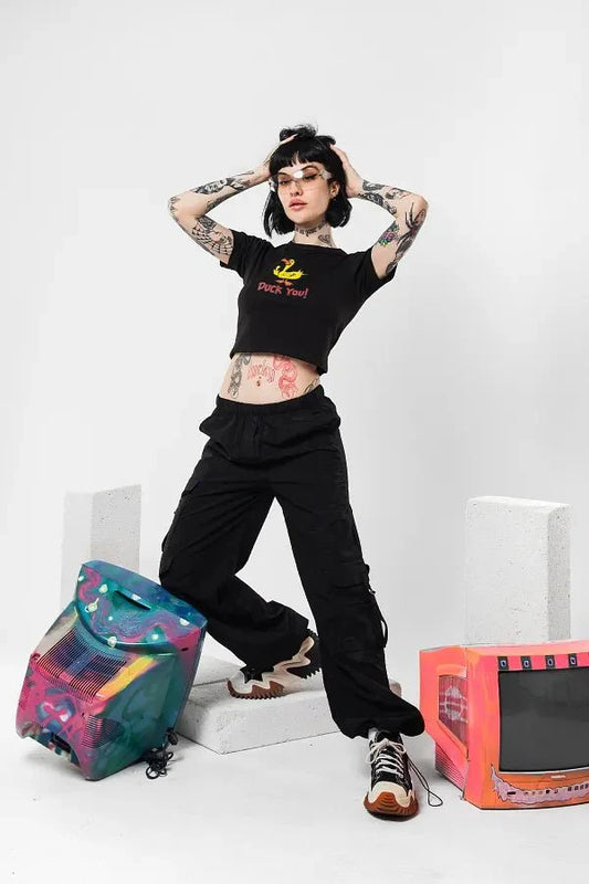 Duck You Graphic Baby Tee | Black Crop Top for Gen Z | physical by Acid House™ (formerly Zyra Drip)