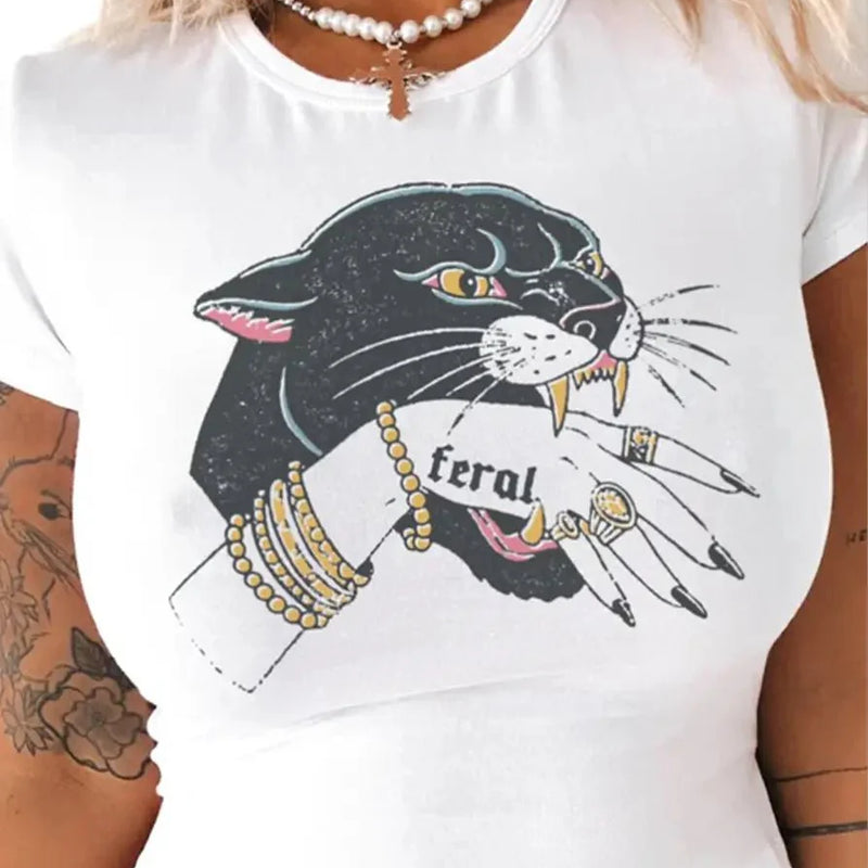 Feral Panther Graphic Baby Tee for Women – White Cropped Cotton Top | physical by Acid House™ (formerly Zyra Drip)