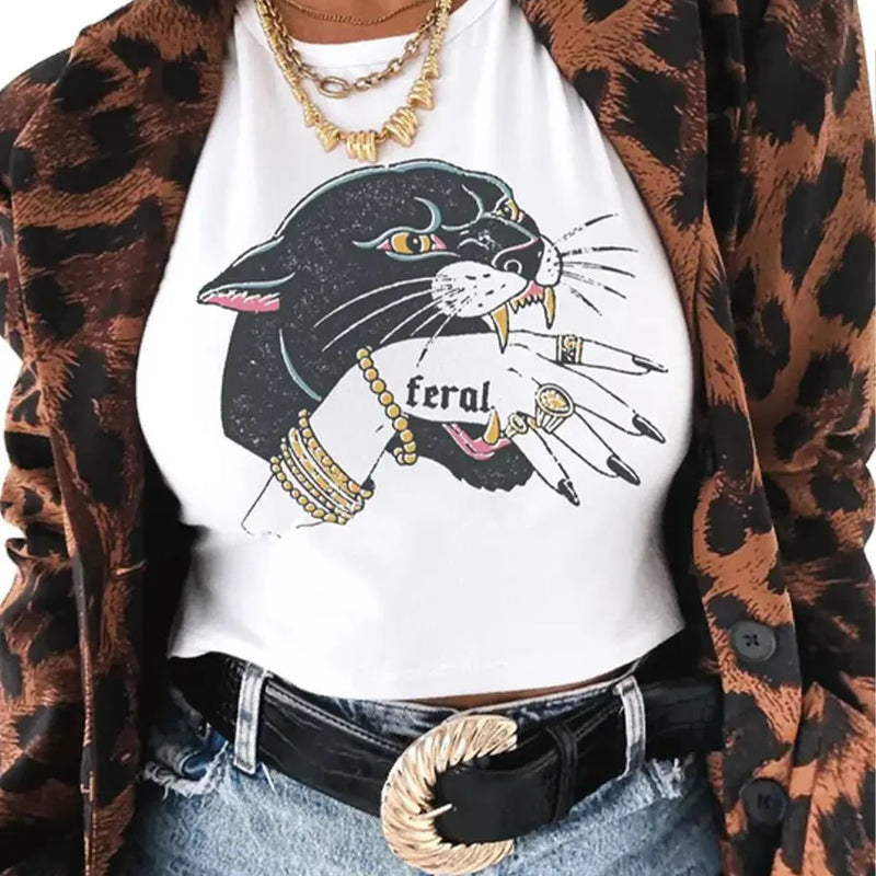 Feral Panther Graphic Baby Tee for Women – White Cropped Cotton Top | physical by Acid House™ (formerly Zyra Drip)