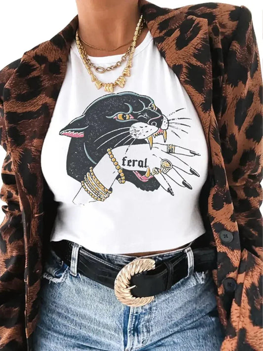 Feral Panther Graphic Baby Tee for Women – White Cropped Cotton Top | physical by Acid House™ (formerly Zyra Drip)
