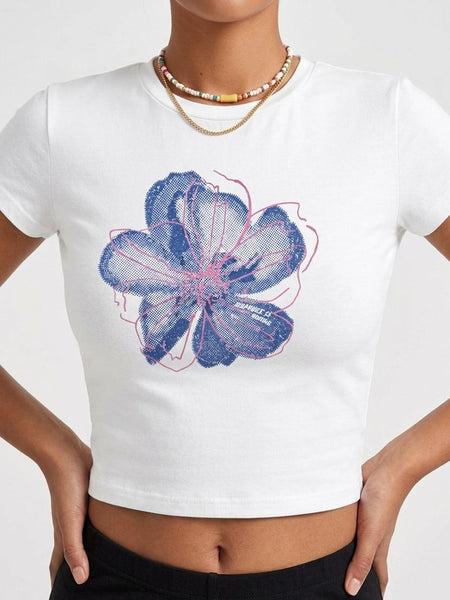 Floral Graphic Baby Tee for Women | Stretchable Crop T-Shirt | White Aesthetic Streetwear Top | physical by Acid House™ (formerly Zyra Drip)