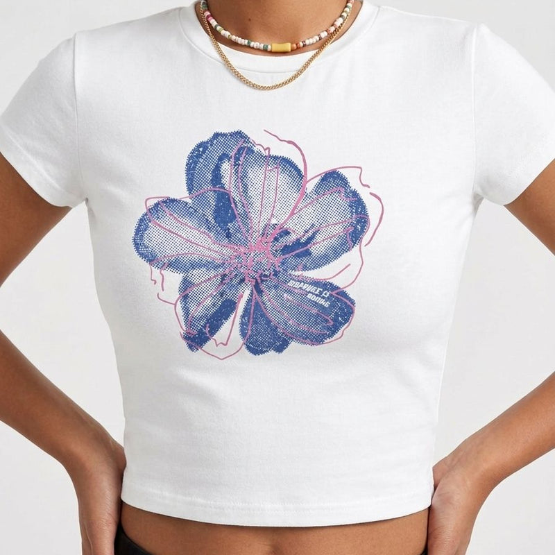 Floral Graphic Baby Tee for Women | Stretchable Crop T-Shirt | White Aesthetic Streetwear Top | physical by Acid House™ (formerly Zyra Drip)
