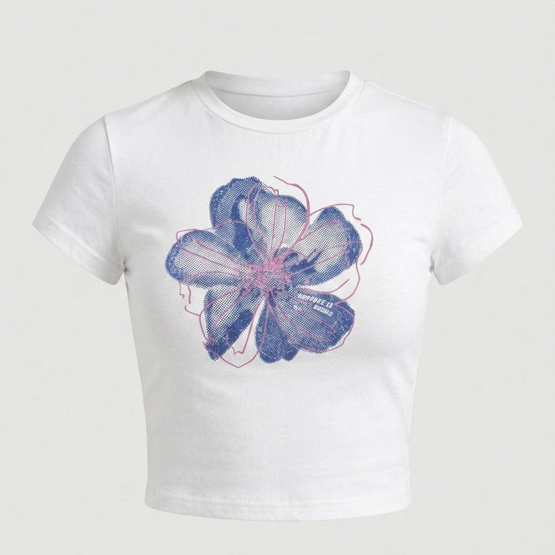 Floral Graphic Baby Tee for Women | Stretchable Crop T-Shirt | White Aesthetic Streetwear Top | physical by Acid House™ (formerly Zyra Drip)