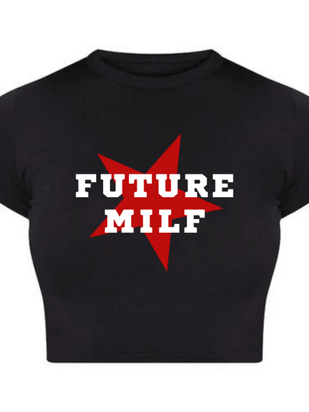 Future MILF Printed Black Baby Tee for Women | physical by Acid House™ (formerly Zyra Drip)