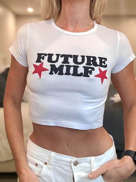 Future MILF Printed White Baby Tee for Women | physical by Acid House™ (formerly Zyra Drip)
