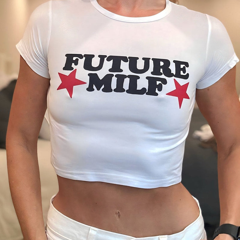 Future MILF Printed White Baby Tee for Women | physical by Acid House™ (formerly Zyra Drip)