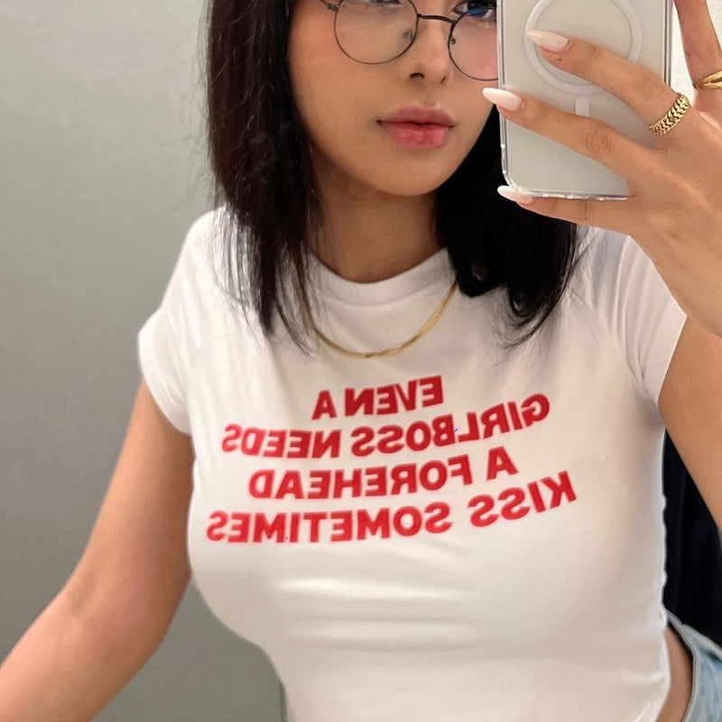 Girlboss Baby Tee for Women – Black Cropped Forehead Kiss Graphic Top | physical by Acid House™ (formerly Zyra Drip)