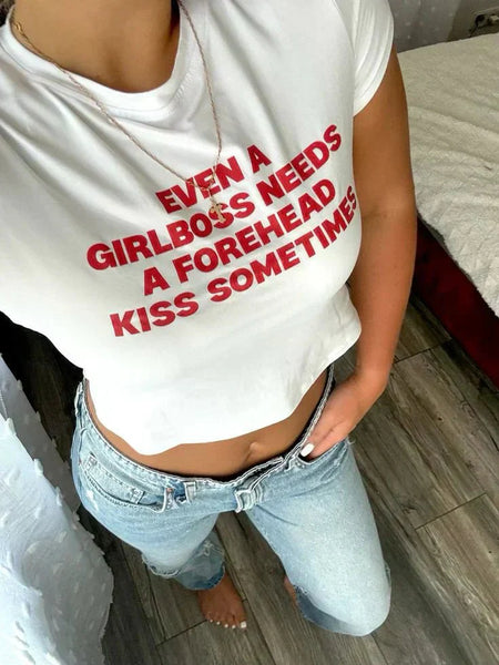Girlboss Forehead Kiss Baby Crop Top – Trendy Color White | physical by Acid House™ (formerly Zyra Drip)