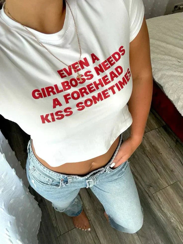Girlboss Forehead Kiss Baby Crop Top – Trendy Color White | physical by Acid House™ (formerly Zyra Drip)
