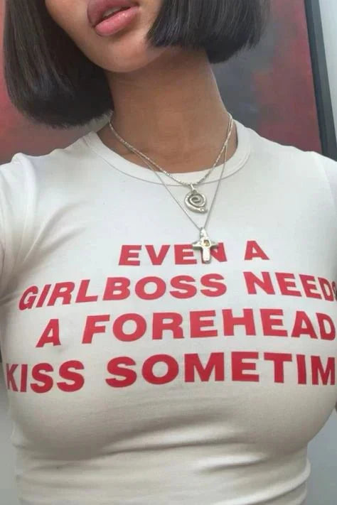 Girlboss Forehead Kiss Baby Crop Top – Trendy Color White | physical by Acid House™ (formerly Zyra Drip)
