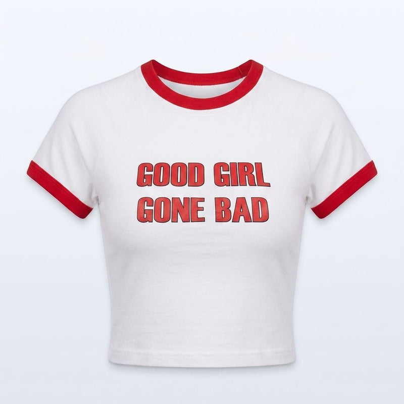 Good Girl Gone Bad Ringer Baby Tee – White & Red Fitted Crop Top | physical by Acid House™ (formerly Zyra Drip)