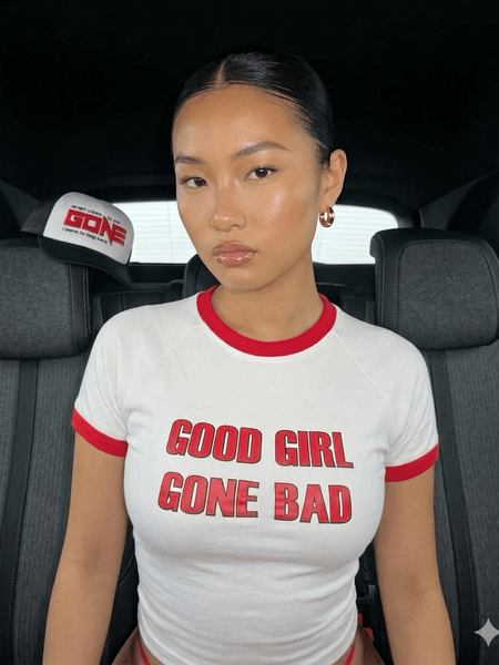 Good Girl Gone Bad Ringer Baby Tee – White & Red Fitted Crop Top | physical by Acid House™ (formerly Zyra Drip)