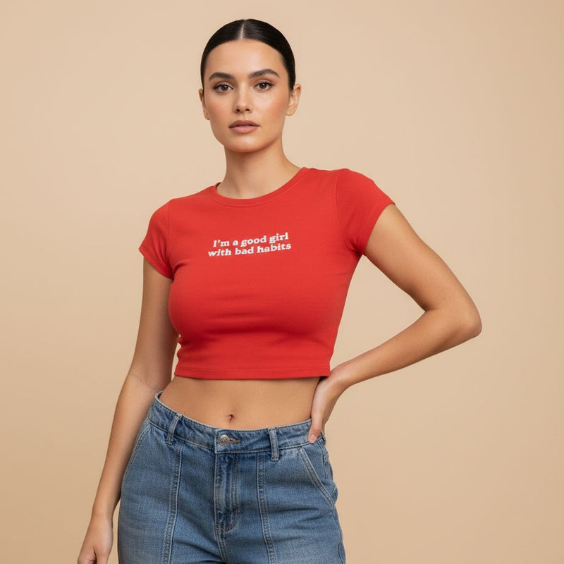 Good Girl with Bad Habits Red Crop Top – Women’s Bold Streetwear Baby Tee | physical by Acid House™ (formerly Zyra Drip)