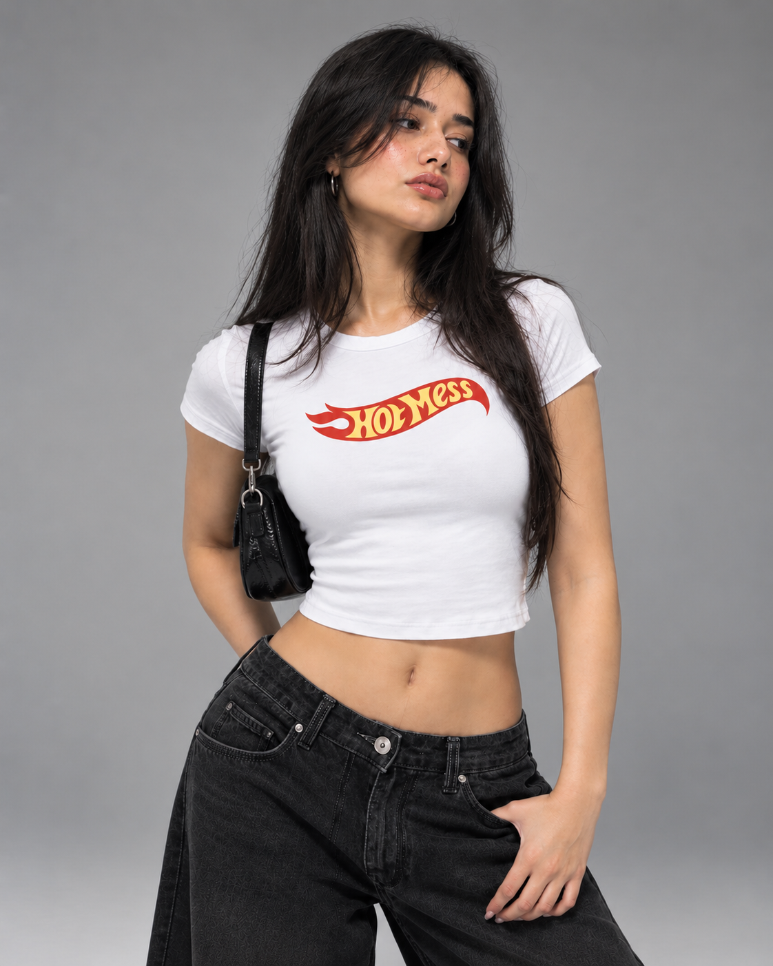 Hot Mess white baby tee for women - fitted graphic crop top by Acid House India