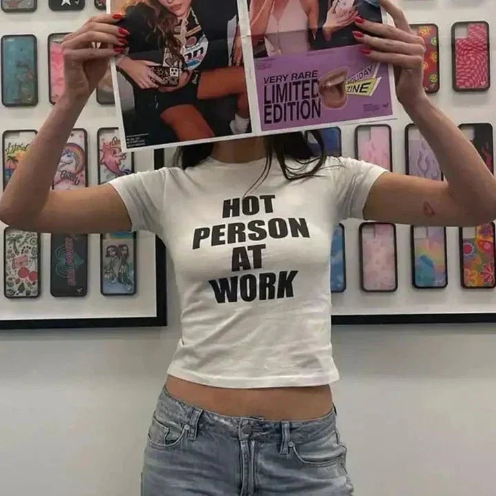 Hot Person at Work Baby Tee – Y2K Vintage Crop Top | Zyra Drip | physical by Acid House™ (formerly Zyra Drip)