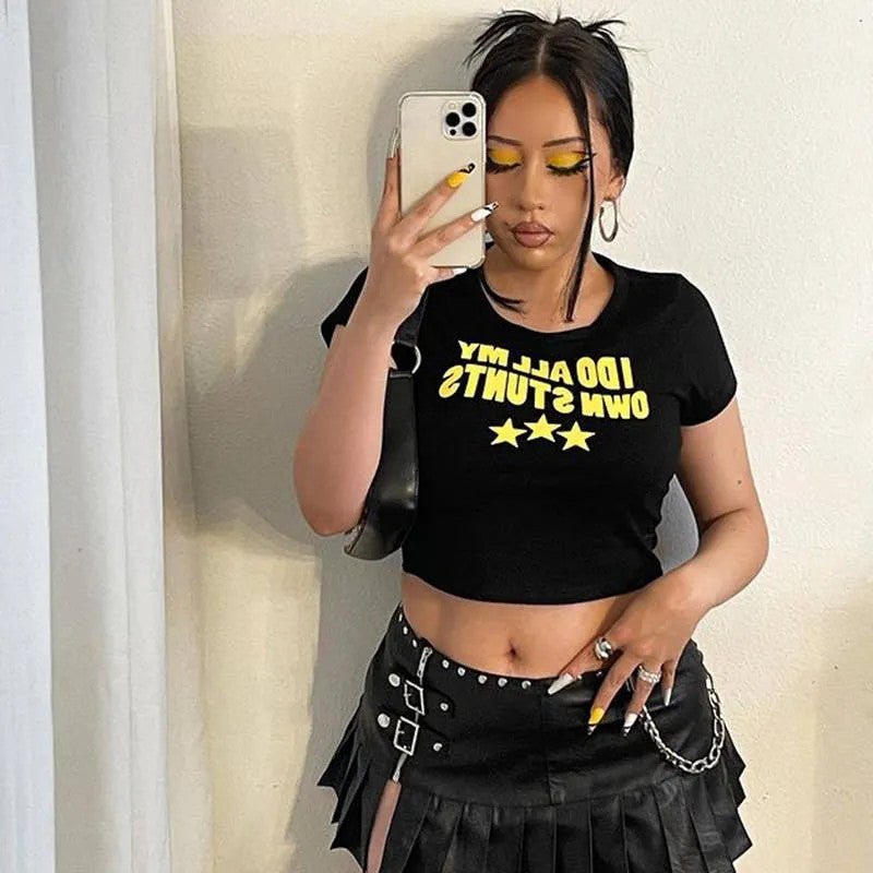 I Do All My Own Stunts Baby Tee – Black Crop Top for Women | physical by Acid House™ (formerly Zyra Drip)