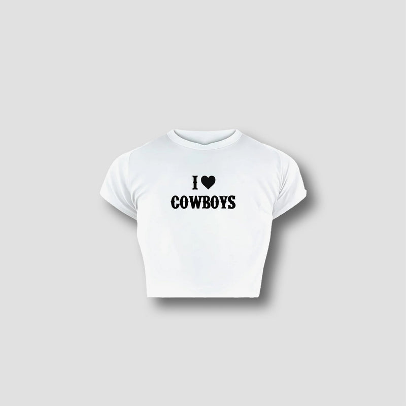 I Love Cowboys Women’s White Baby Tee – Western Style Crop Top | physical by Acid House™ (formerly Zyra Drip)