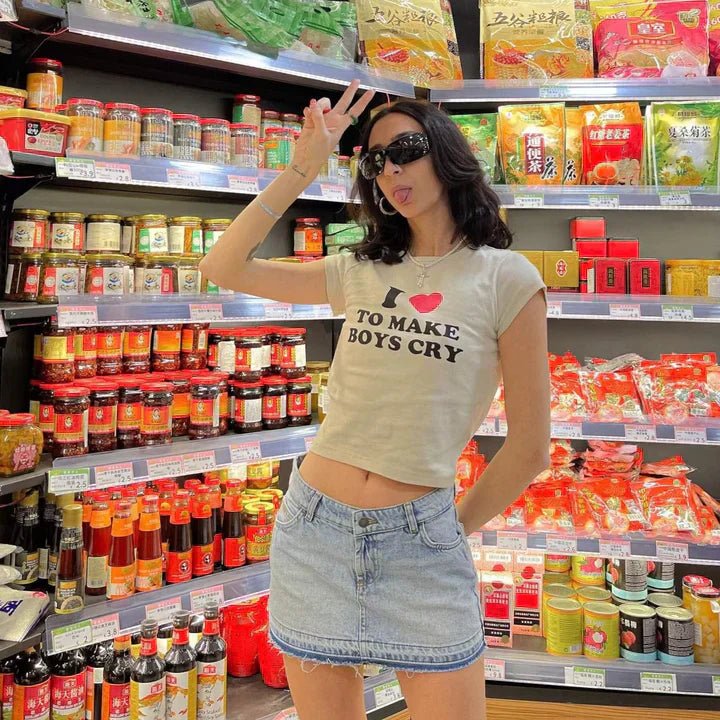 I Love To Make Boys Cry Baby Tee – White Crop Top for Women | physical by Acid House™ (formerly Zyra Drip)