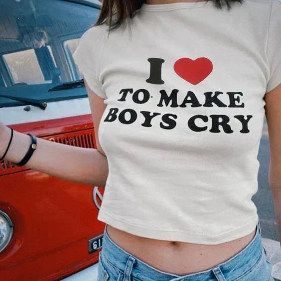 I Love To Make Boys Cry Baby Tee – White Crop Top for Women | physical by Acid House™ (formerly Zyra Drip)