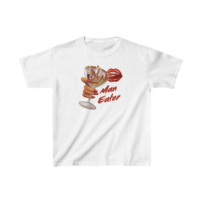 Women’s “Man Eater” Graphic Baby Tee – Y2K Aesthetic Fitted White Crop Top | physical by Acid House™ (formerly Zyra Drip)